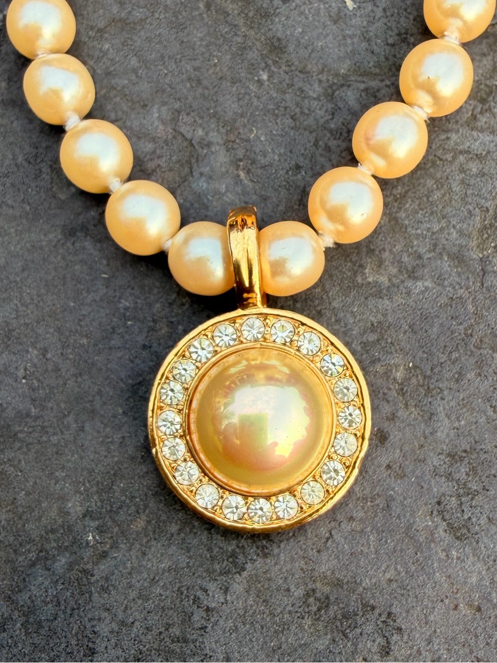 Vintage ROMAN Gold-Tone Pearl Pendant Necklace with Champagne Beads